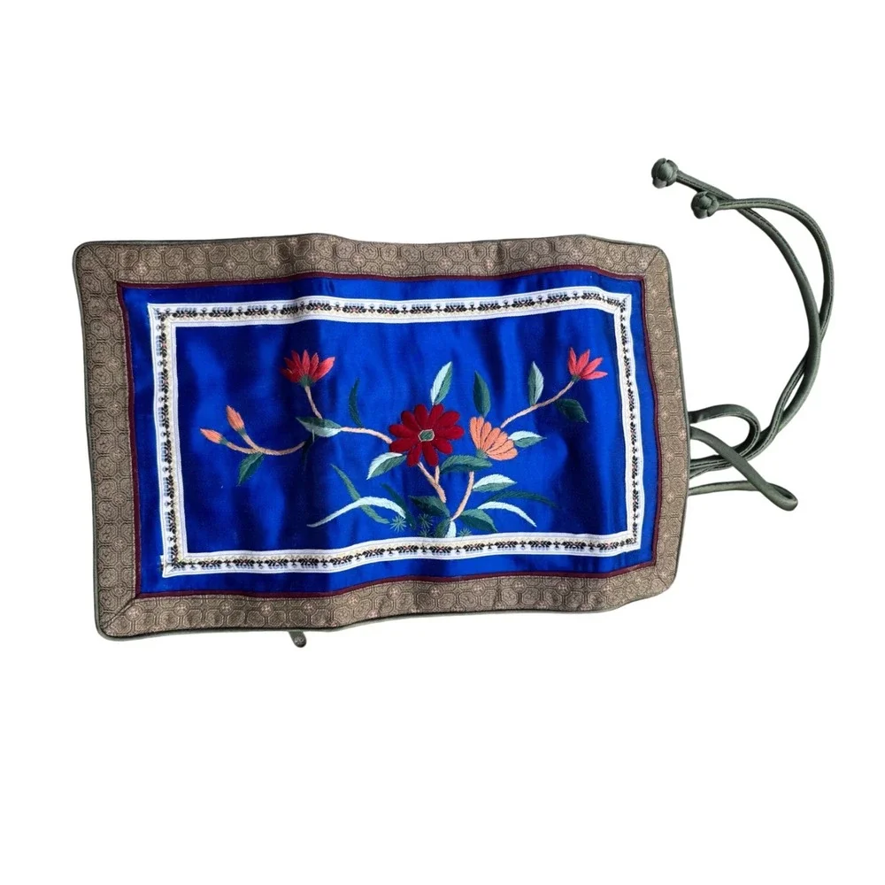 Vintage Embroidered Silk Jewelry Roll Travel Organizer Royal Blue Floral Pouch